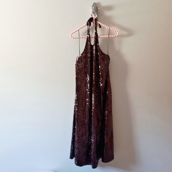Zara rich brown sequin halter long dress, S - Picture 7 of 12